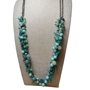 Brass Green Glass Resin Bead Cluster Statement Necklace Vintage Style